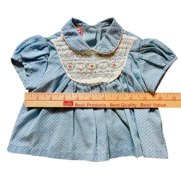 Judy Phillippine 12M vtg Blue Polka Dot Smocked baby girl classic shirt round‎ - Picture 4 of 6